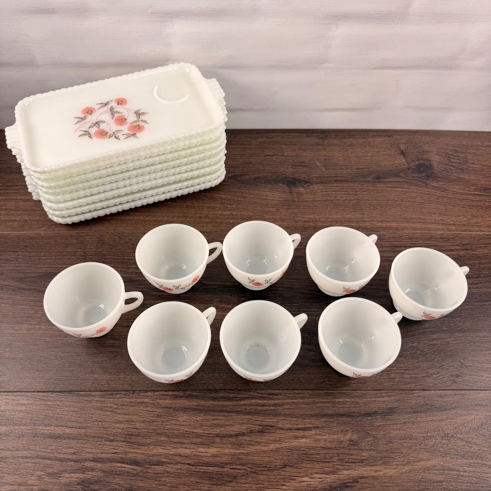 Fire-King Fleurette Milk Glass Snack Set 8 Trays Cups Pink Floral - Picture 6 of 11